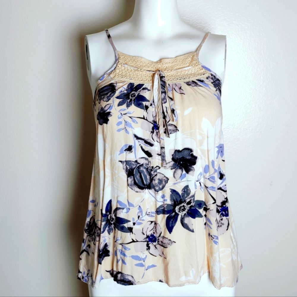 Japna Lounge Peach Tropical Floral Crochet High Neck Cami Trapeze Tank Top, Sz S